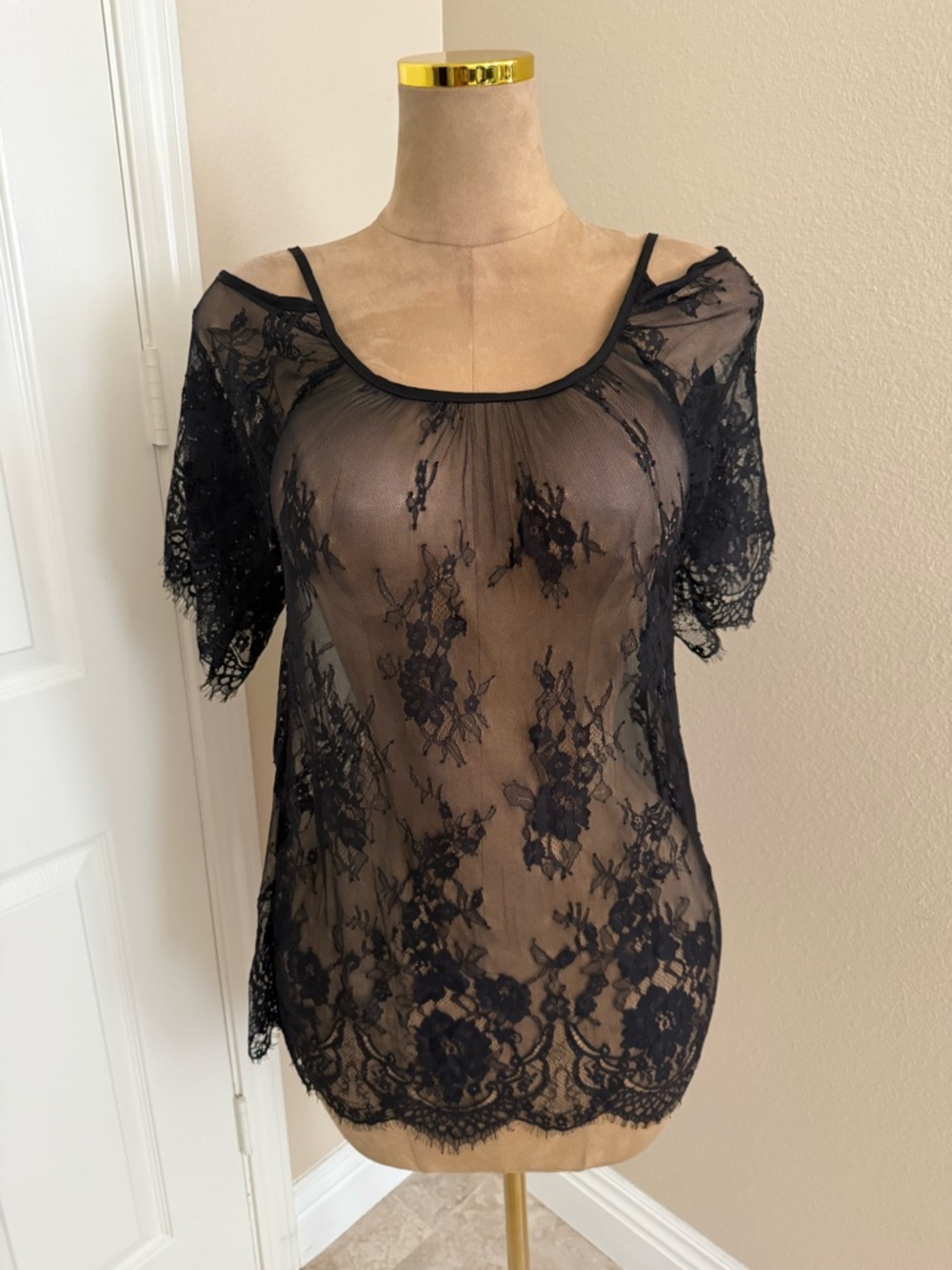 Sheer Black Lace Short-Sleeve Top